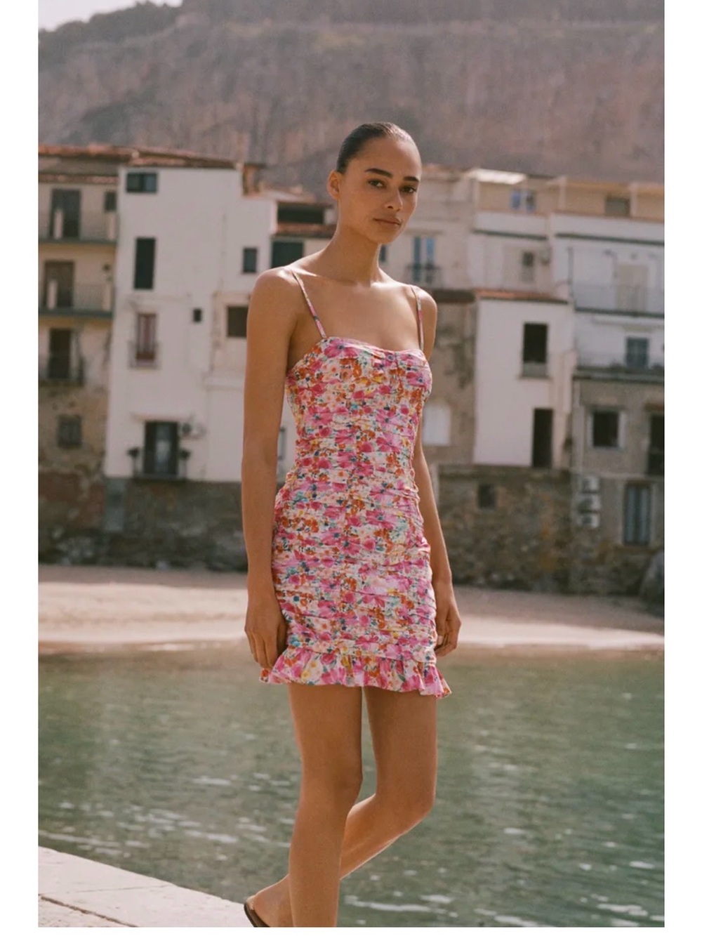 Zara Pink Floral Ruched Spaghetti-Strap Mini Dress